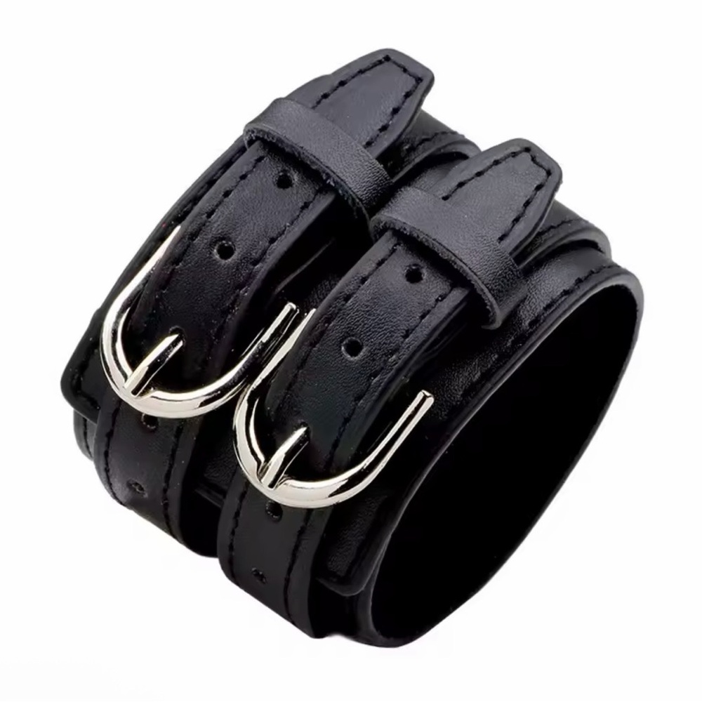Black Double Buckle Leather Cuff Bracelet 9”